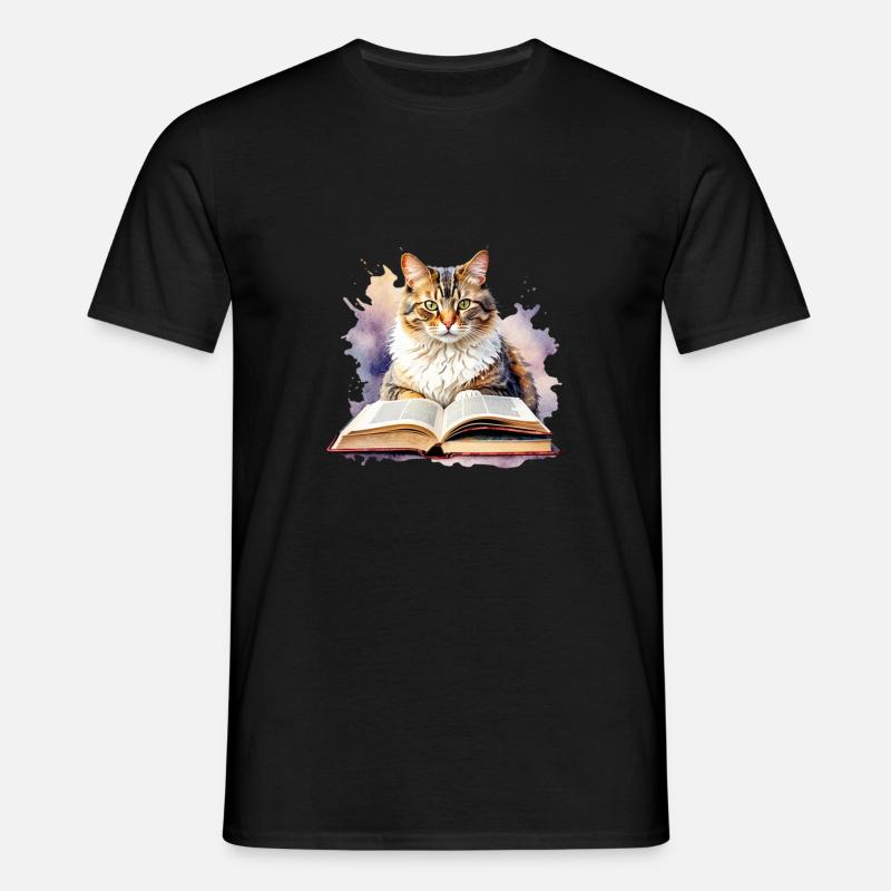 Gatto con libro - Maglietta da uomo - nero