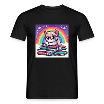 Süße Katze liest Bücher unter dem Regenbogen - Männer T-Shirt - Schwarz - Vorne - AI Model Male 178 light (178cm)