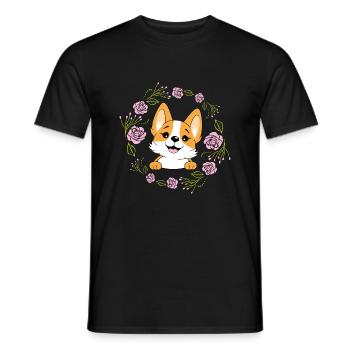 Peeking happy Corgi dog in floral wreath - Men's T-Shirt - black - Front - AI Model Male 178 light (178cm)