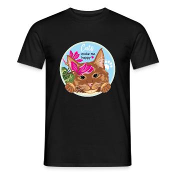 Peeking ginger cat with flowers Cats make me happy - Men's T-Shirt - black - Front - AI Model Male 178 light (178cm)