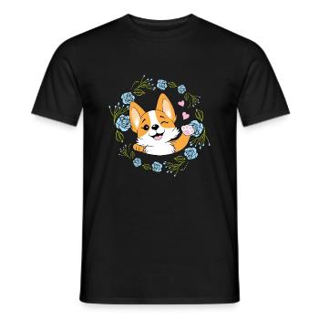 Agitant un chien Corgi heureux dans une couronne de fleurs - T-shirt homme - noir - Devant - AI Model Male 178 light (178cm)