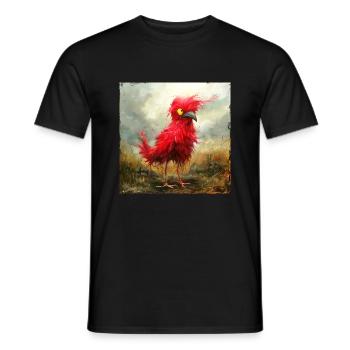 small red tousled bird with yellow eyes - Men's T-Shirt - black - Front - AI Model Male 178 light (178cm)