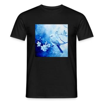 Songbird Branch Blossoms Shades of Blue Filigree Drawing - Men's T-Shirt - black - Front - AI Model Male 178 light (178cm)