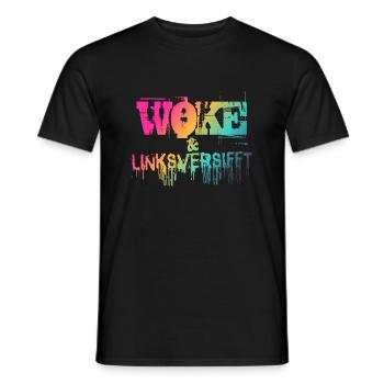 Selbstironie: WOKE & linksversifft - Männer T-Shirt - Schwarz - Vorne - AI Model Male 178 light (178cm)
