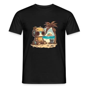 Un petit robot en t-shirt se détend sur la plage - T-shirt homme - noir - Devant - AI Model Male 178 light (178cm)