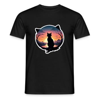 chat paysage et coucher de soleil - T-shirt homme - noir - Devant - AI Model Male 178 light (178cm)