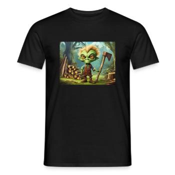 cute little green retro alien is woodcutting - Men's T-Shirt - black - Front - AI Model Male 178 light (178cm)