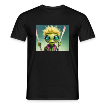 cute little green retro vintage alien is skiing - Men's T-Shirt - black - Front - AI Model Male 178 light (178cm)