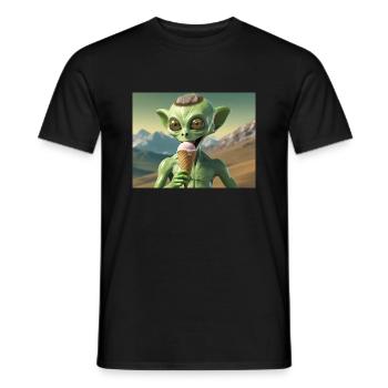 grey alien on the moon surface – eating ice cream - Men's T-Shirt - black - Front - AI Model Male 178 light (178cm)