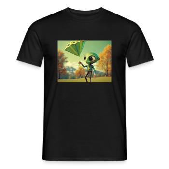 niedlich klein grün retro vintage alien fliegen einen drachen fliegen - Männer T-Shirt - Schwarz - Vorne - AI Model Male 178 light (178cm)