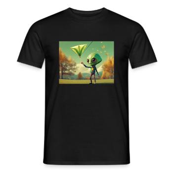 niedlich klein grün retro vintage alien fliegen einen drachen fliegen - Männer T-Shirt - Schwarz - Vorne - AI Model Male 178 light (178cm)