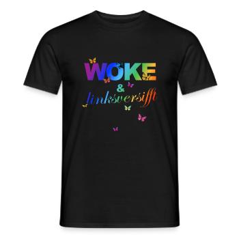 Selbstironie: WOKE & linksversifft - Männer T-Shirt - Schwarz - Vorne - AI Model Male 178 light (178cm)