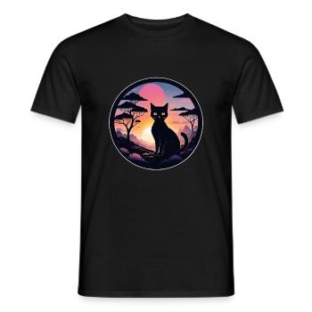 chat paysage et coucher de soleil - T-shirt homme - noir - Devant - AI Model Male 178 light (178cm)