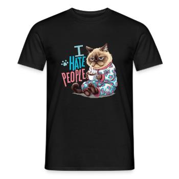 Cozy cat with coffee Introverted humor - Men's T-Shirt - black - Front - AI Model Male 178 light (178cm)