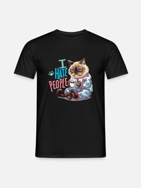Gemütliche Katze mit Kaffee Introvertierter Humor - Männer T-Shirt - Schwarz
