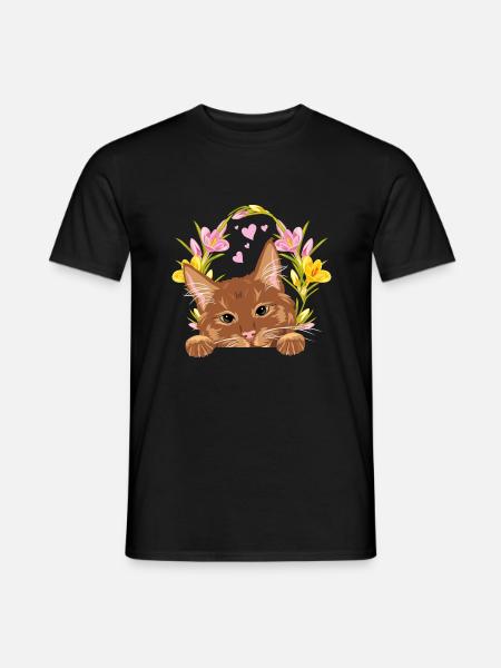 Niedliche Ingwerkatze mit Blumenkranz - Männer T-Shirt - Schwarz
