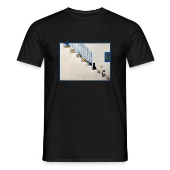 Lots of cats on white stairs in Greece - Men's T-Shirt - black - Front - AI Model Male 178 light (178cm)