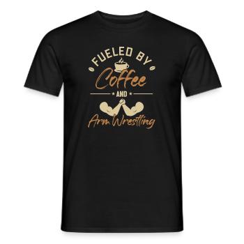 Alimenté par le café et les techniques de bras de fer - T-shirt homme - noir - Devant - AI Model Male 178 light (178cm)