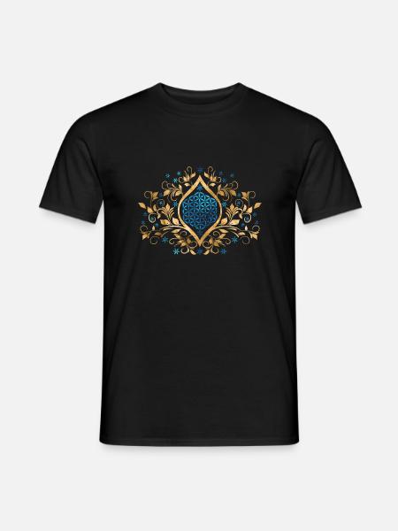 Fleur de vie - Ornement tourbillonnant d’or et de cristal - T-shirt homme - noir