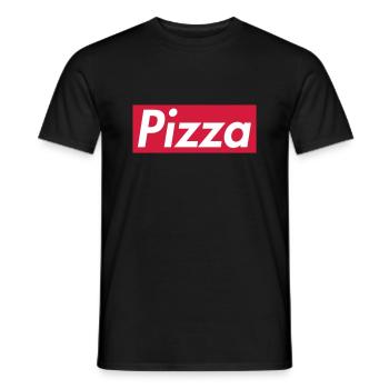 Pizza - Sup reme design, white letters, red box - Men's T-Shirt - black - Front - AI Model Male 178 light (178cm)