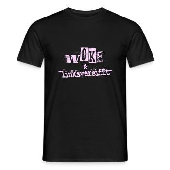 Selbstironie: WOKE & linksversifft - Männer T-Shirt - Schwarz - Vorne - AI Model Male 178 light (178cm)
