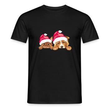 Peeking ginger cat and dog in Santa hats - Men's T-Shirt - black - Front - AI Model Male 178 light (178cm)