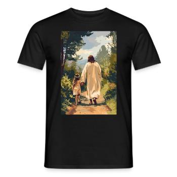 Jesus walks with a little girl, - Men's T-Shirt - black - Front - AI Model Male 178 light (178cm)
