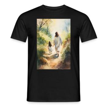 Jesus Wandeln Mit Einem Mädchen, Aquarellmalerei, - Männer T-Shirt - Schwarz - Vorne - AI Model Male 178 light (178cm)