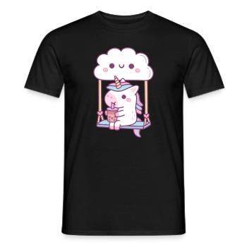 Cute Unicorn Drinking Boba Tea On Cloud Swing - Men's T-Shirt - black - Front - AI Model Male 178 light (178cm)