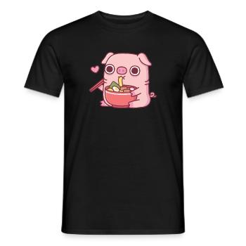 Cute Chubby Piggy Eating Japanese Ramen Noodles - Men's T-Shirt - black - Front - AI Model Male 178 light (178cm)