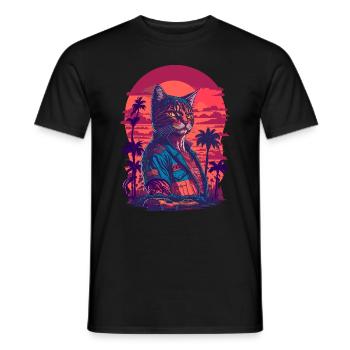 80's Action Illustration of a Cat and Cars - Men's T-Shirt - black - Front - AI Model Male 178 light (178cm)