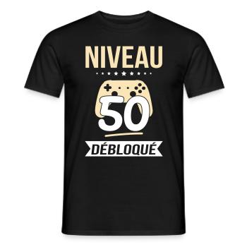 Anniversaire 50 ans - Niveau 50 débloqué - Gamer - T-shirt homme - noir - Devant - AI Model Male 178 light (178cm)