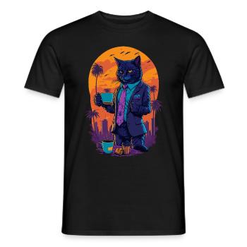 80's illustration of a cat with a coffee cup - Men's T-Shirt - black - Front - AI Model Male 178 light (178cm)