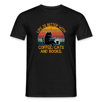 Katze Bücher Kaffee Lustige Sprüche Vintage - Männer T-Shirt - Schwarz - Vorne - AI Model Male 178 light (178cm)