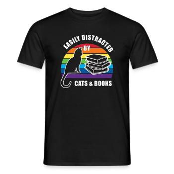 Easily distracted by cats and books - retro sunset - Men's T-Shirt - black - Front - AI Model Male 178 light (178cm)