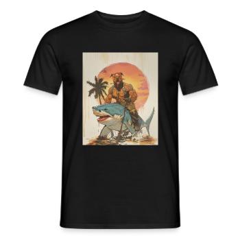 Pitbull Rides Shark Dog Comic Style - Men's T-Shirt - black - Front - AI Model Male 178 light (178cm)