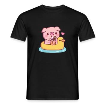 Cute Pig Drinking Orange Juice On Duck Pool Float - Men's T-Shirt - black - Front - AI Model Male 178 light (178cm)