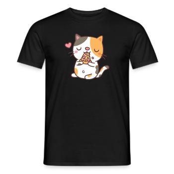 Cute Calico Cat Eating Pizza - Men's T-Shirt - black - Front - AI Model Male 178 light (178cm)