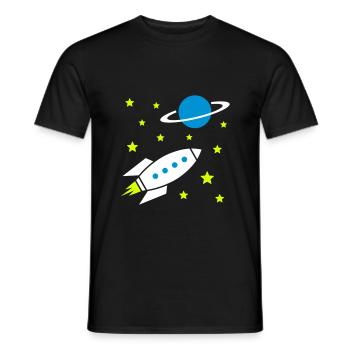Spaceship, stars and planet with ring - Men's T-Shirt - black - Front - AI Model Male 178 light (178cm)