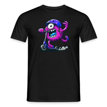 niedliches lustiges pinkes Monster auf Escooter - Männer T-Shirt - Schwarz - Vorne - AI Model Male 178 light (178cm)