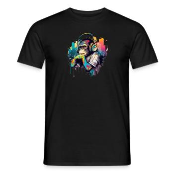 Chimpanzee with headphones colored monkey DJ - Men's T-Shirt - black - Front - AI Model Male 178 light (178cm)