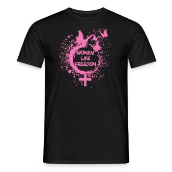 Femme Vie Liberté, Papillons,Iran,Rose - T-shirt homme - noir - Devant - AI Model Male 178 light (178cm)