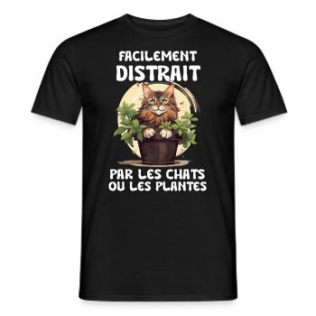 facilement distrait par les chats et les plantes - T-shirt homme - noir - Devant - AI Model Male 178 light (178cm)