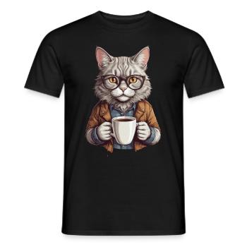 Coffee-drinking cat - Men's T-Shirt - black - Front - AI Model Male 178 light (178cm)