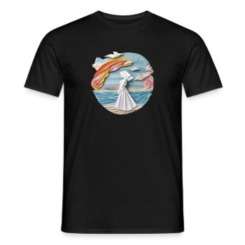 Woman on the beach in origami robe - Men's T-Shirt - black - Front - AI Model Male 178 light (178cm)