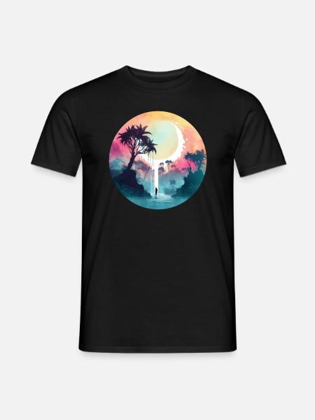 Fantasy lake with palms and waterfall - Men's T-Shirt - black