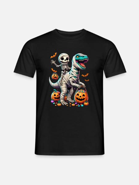 Funny Skeleton Riding Mummy Dinosaur Pumpkin Candy - Men's T-Shirt - black
