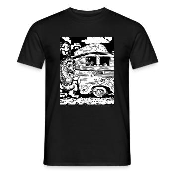 Lion en noir et blanc autour d'une caravane - T-shirt homme - noir - Devant - AI Model Male 178 light (178cm)