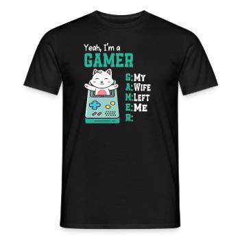 My Wife Left Me Funny Gaming Gamer Cat - Männer T-Shirt - Schwarz - Vorne - AI Model Male 178 light (178cm)