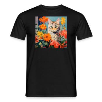 Katze, katzenmotiv, blumen, geschenk, geschenkidee - Männer T-Shirt - Schwarz - Vorne - AI Model Male 178 light (178cm)